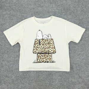 Peanuts Shirt Women's Medium Beige Snoopy Crop Top Graphic Short Sleeve Adult M